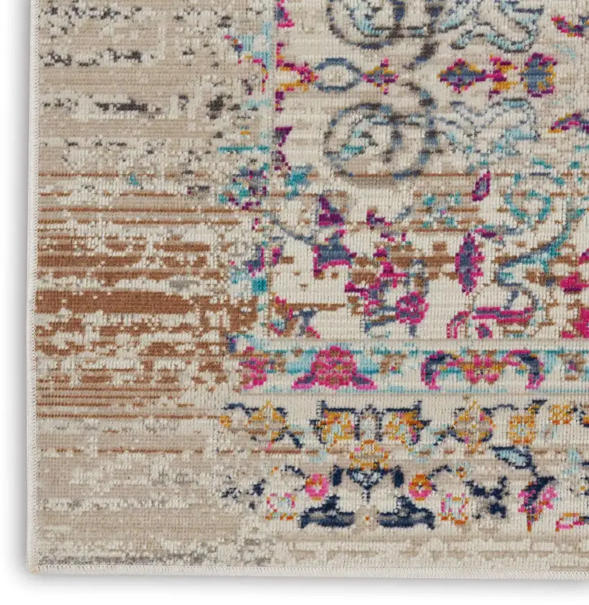 6' Ivory And Brown Floral Distressed Runner Rug Photo 5
