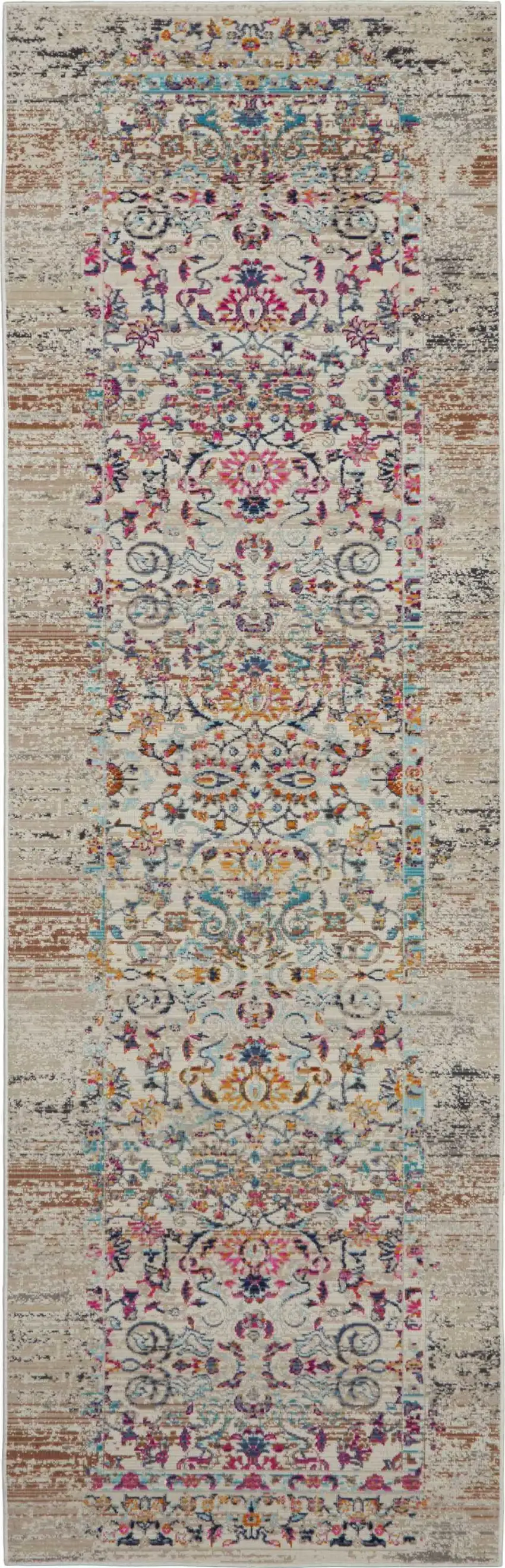 6' Ivory And Brown Floral Distressed Runner Rug Photo 1