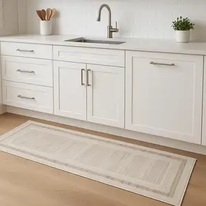 Photo of 8' Ivory And Brown Geometric Runner Rug