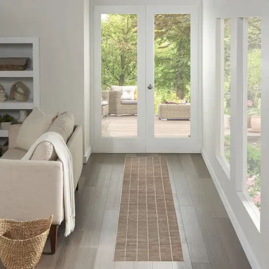 8' Ivory And Brown Geometric Runner Rug Photo 5