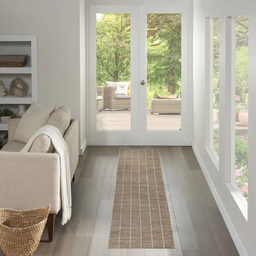 8' Ivory And Brown Geometric Runner Rug Photo 5