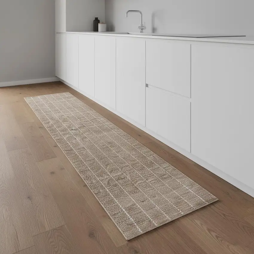 8' Ivory And Brown Geometric Runner Rug Photo 1