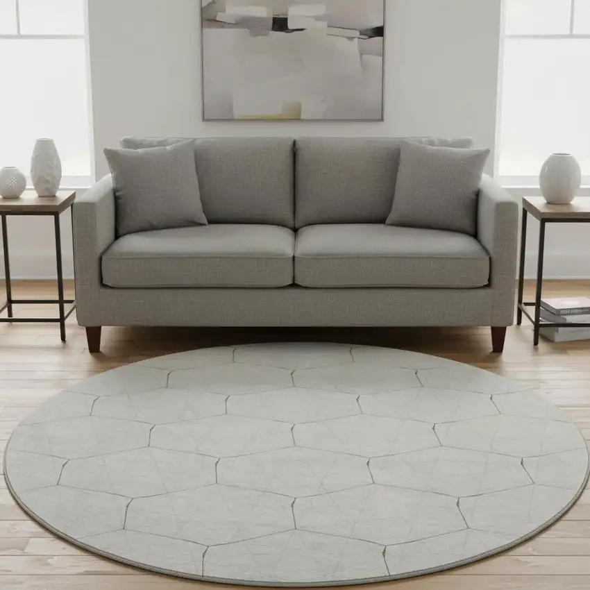 8' Ivory And Brown Geometric Washable Round Rug With UV Protection Photo 2