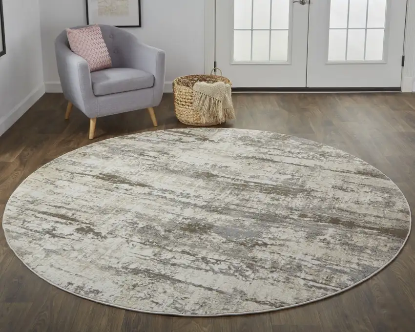 8' Ivory And Brown Round Abstract Area Rug Photo 5