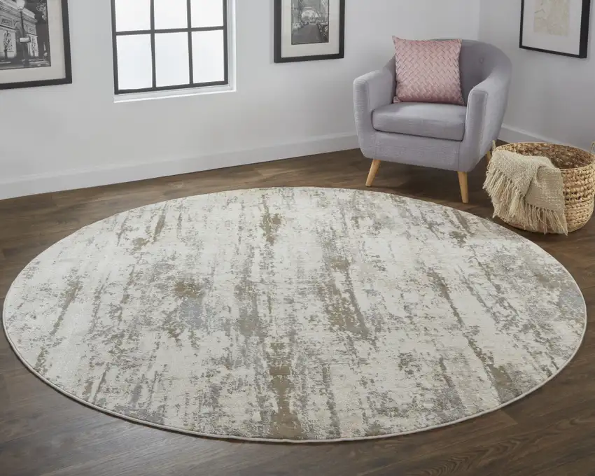8' Ivory And Brown Round Abstract Area Rug Photo 4