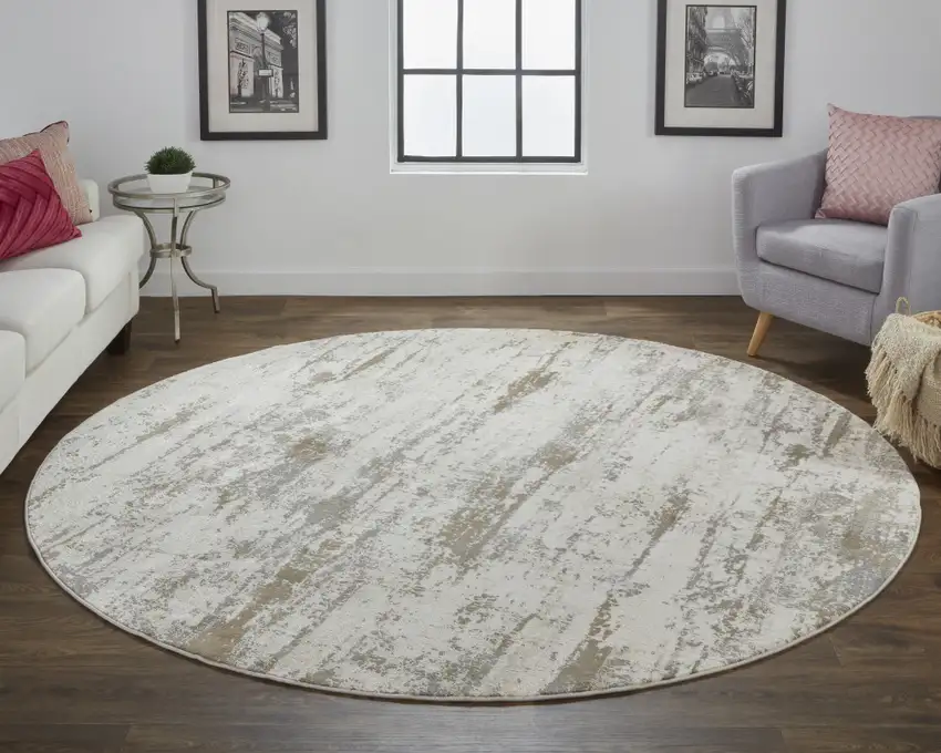 8' Ivory And Brown Round Abstract Area Rug Photo 3