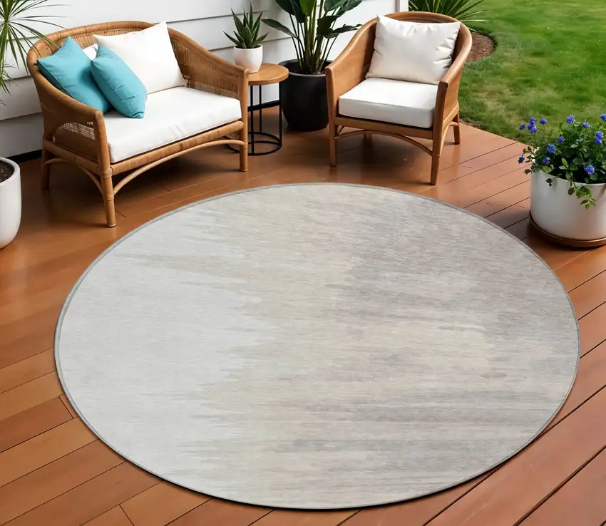 8' Ivory And Brown Round Abstract Washable Indoor Outdoor Area Rug Photo 1