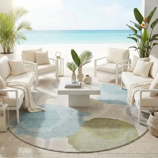 8' Ivory And Brown Round Abstract Washable Indoor Outdoor Area Rug Photo 1