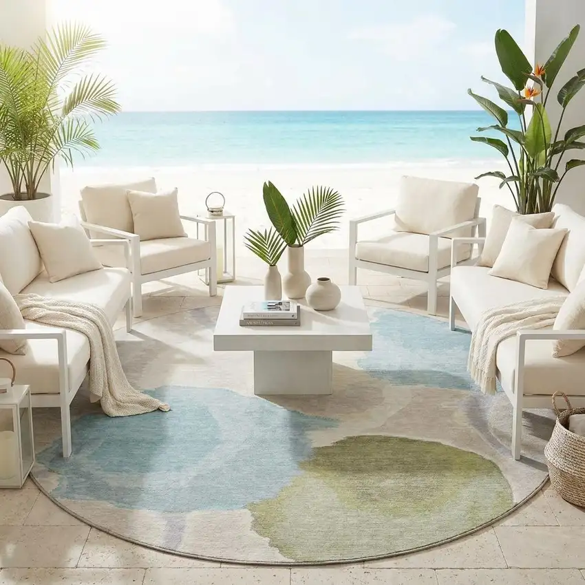 8' Ivory And Brown Round Abstract Washable Indoor Outdoor Area Rug Photo 1