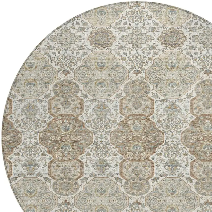 8' Ivory And Brown Round Floral Washable Indoor Outdoor Area Rug Photo 3