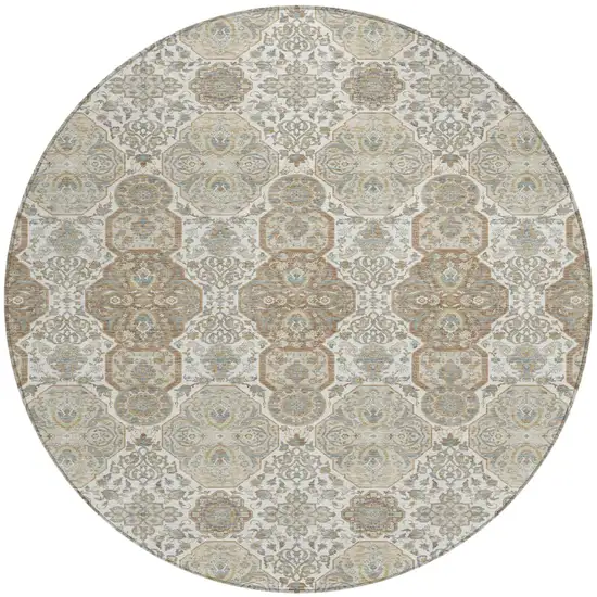 8' Ivory And Brown Round Floral Washable Indoor Outdoor Area Rug Photo 2