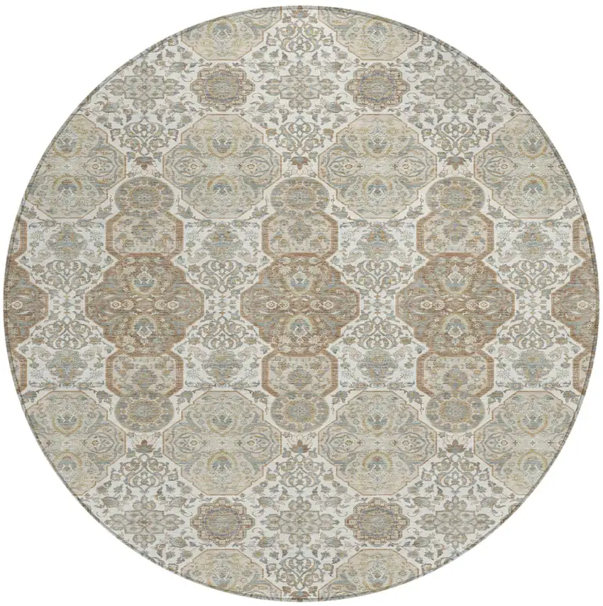 8' Ivory And Brown Round Floral Washable Indoor Outdoor Area Rug Photo 2