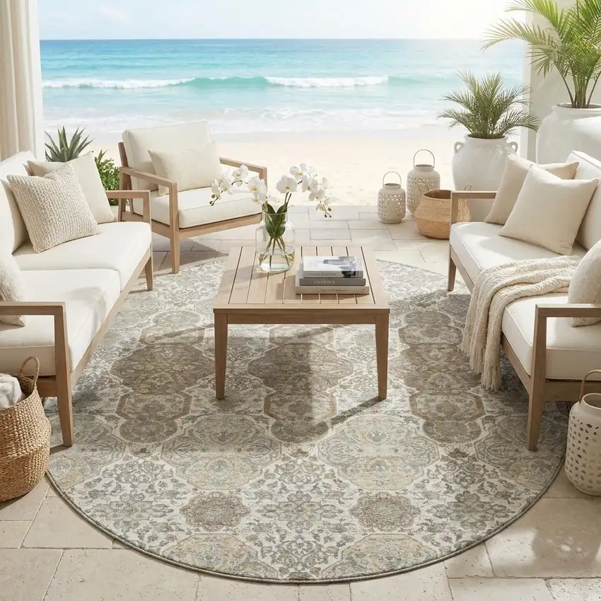 8' Ivory And Brown Round Floral Washable Indoor Outdoor Area Rug Photo 1