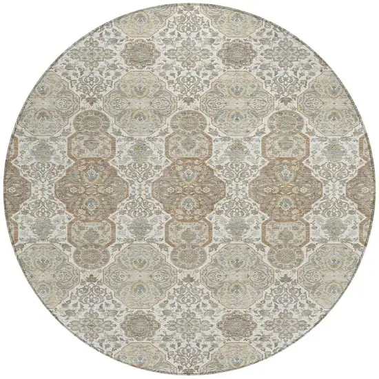 8' Ivory And Brown Round Floral Washable Indoor Outdoor Area Rug Photo 4