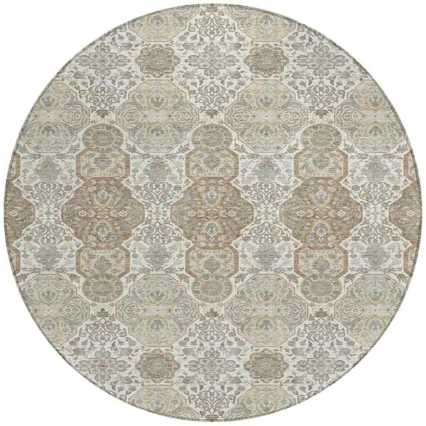 8' Ivory And Brown Round Floral Washable Indoor Outdoor Area Rug Photo 4