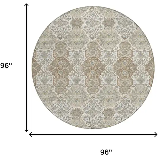 8' Ivory And Brown Round Floral Washable Indoor Outdoor Area Rug Photo 7