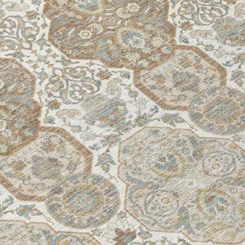 8' Ivory And Brown Round Floral Washable Indoor Outdoor Area Rug Photo 6