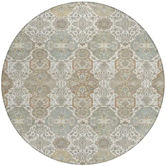 8' Ivory And Brown Round Floral Washable Indoor Outdoor Area Rug Photo 2