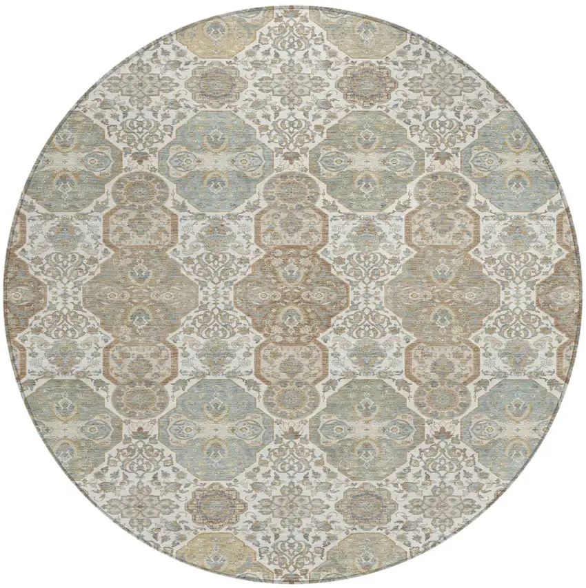 8' Ivory And Brown Round Floral Washable Indoor Outdoor Area Rug Photo 2