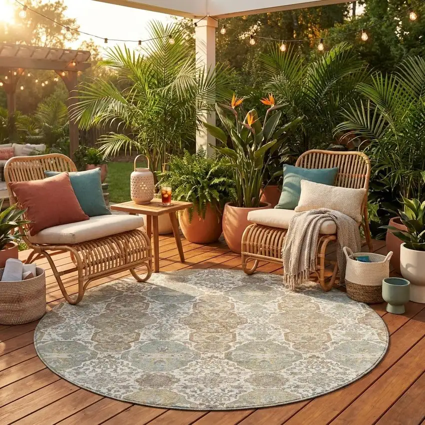 8' Ivory And Brown Round Floral Washable Indoor Outdoor Area Rug Photo 1