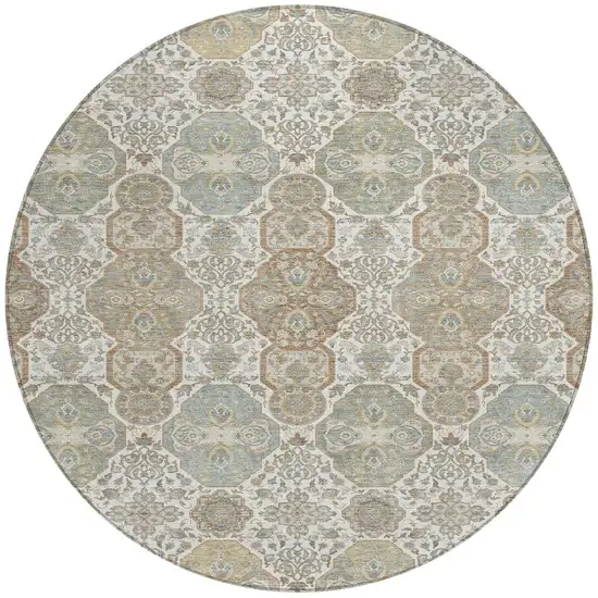 8' Ivory And Brown Round Floral Washable Indoor Outdoor Area Rug Photo 4