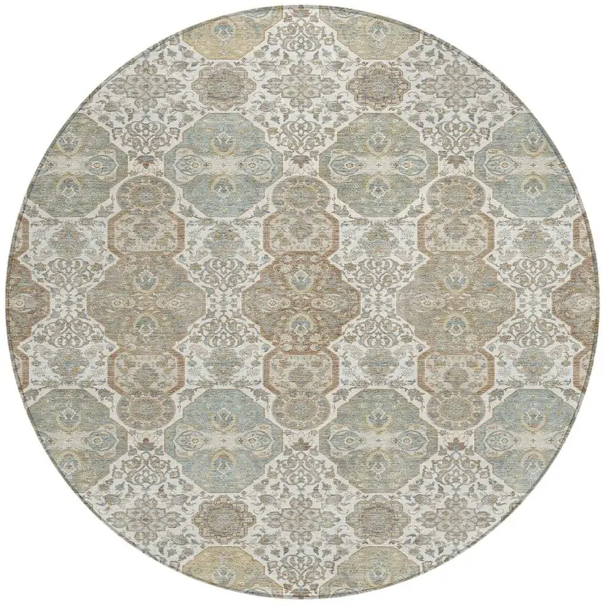8' Ivory And Brown Round Floral Washable Indoor Outdoor Area Rug Photo 4