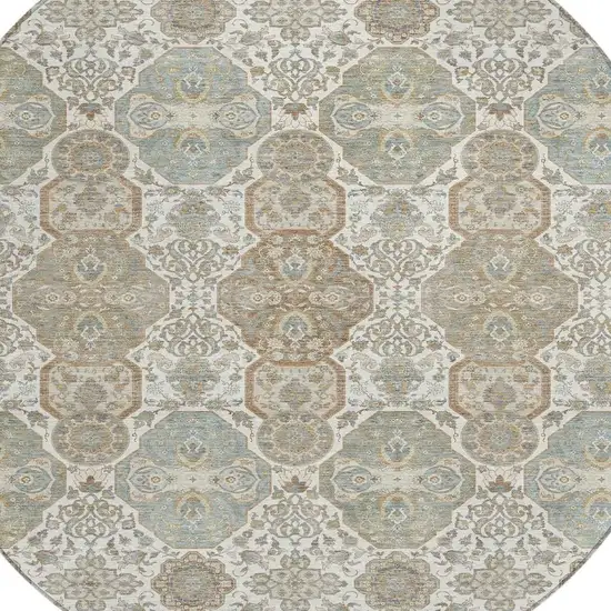8' Ivory And Brown Round Floral Washable Indoor Outdoor Area Rug Photo 3