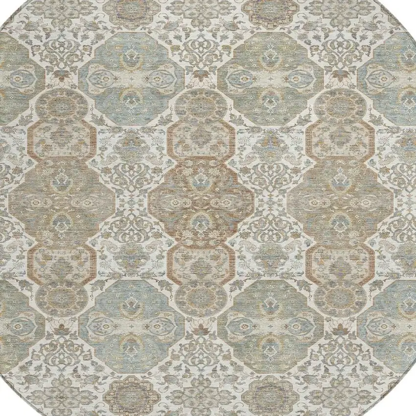 8' Ivory And Brown Round Floral Washable Indoor Outdoor Area Rug Photo 3