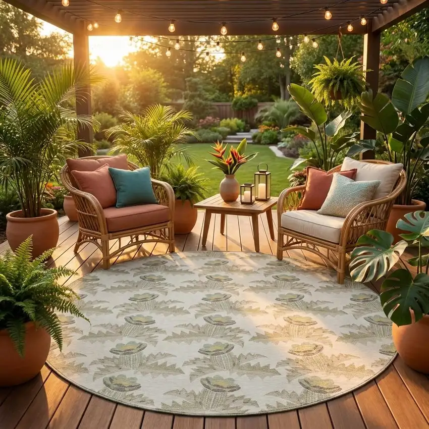 8' Ivory And Brown Round Floral Washable Indoor Outdoor Area Rug Photo 1