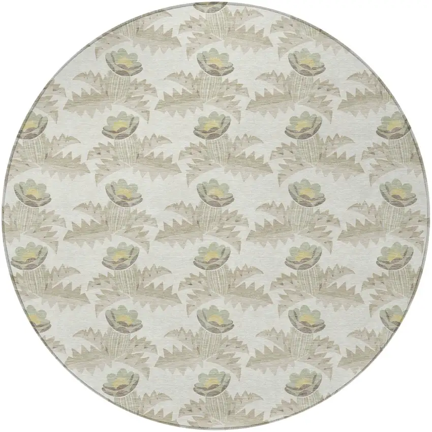 8' Ivory And Brown Round Floral Washable Indoor Outdoor Area Rug Photo 4