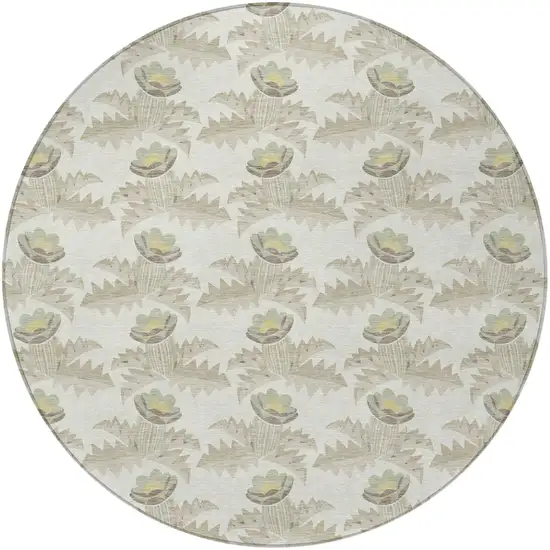 8' Ivory And Brown Round Floral Washable Indoor Outdoor Area Rug Photo 4