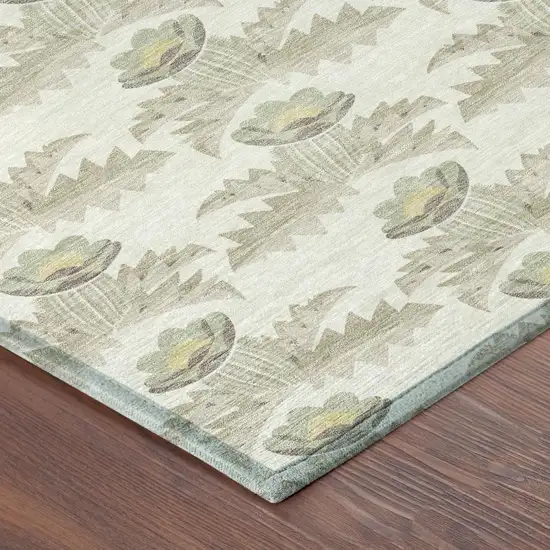 8' Ivory And Brown Round Floral Washable Indoor Outdoor Area Rug Photo 5
