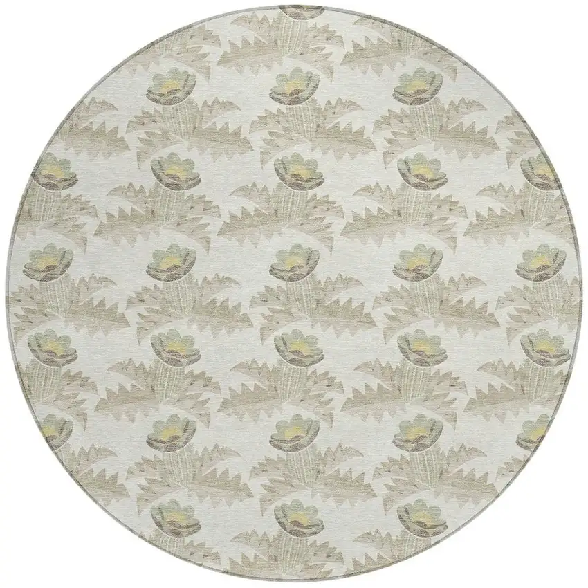 8' Ivory And Brown Round Floral Washable Indoor Outdoor Area Rug Photo 2