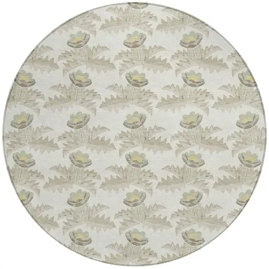 8' Ivory And Brown Round Floral Washable Indoor Outdoor Area Rug Photo 2