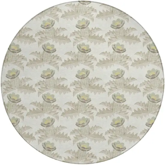 8' Ivory And Brown Round Floral Washable Indoor Outdoor Area Rug Photo 3