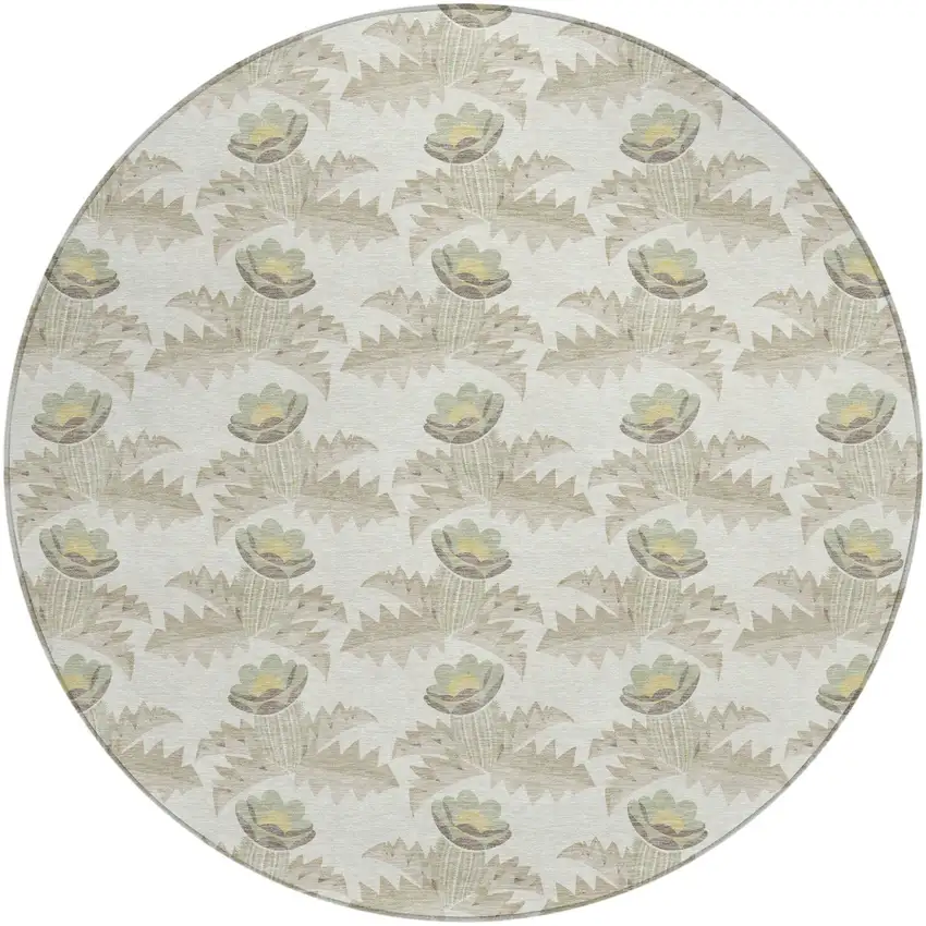 8' Ivory And Brown Round Floral Washable Indoor Outdoor Area Rug Photo 3