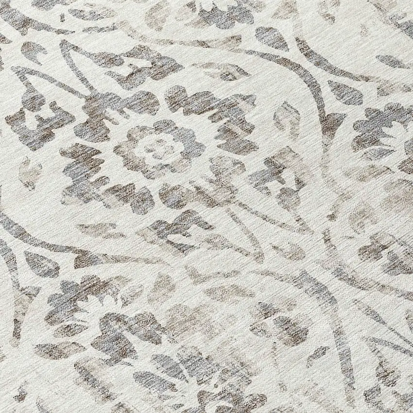 8' Ivory And Brown Round Floral Washable Indoor Outdoor Area Rug Photo 8