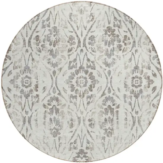 8' Ivory And Brown Round Floral Washable Indoor Outdoor Area Rug Photo 2