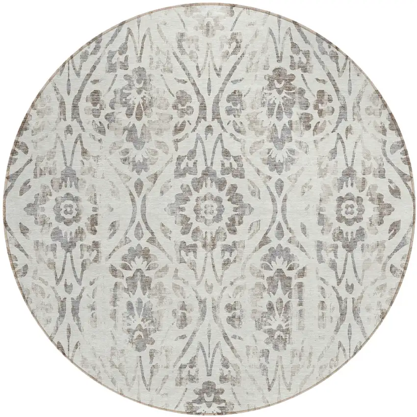 8' Ivory And Brown Round Floral Washable Indoor Outdoor Area Rug Photo 2