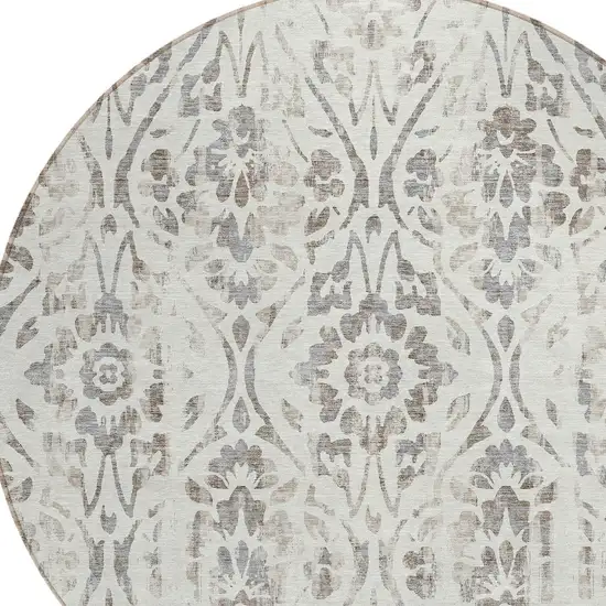 8' Ivory And Brown Round Floral Washable Indoor Outdoor Area Rug Photo 4