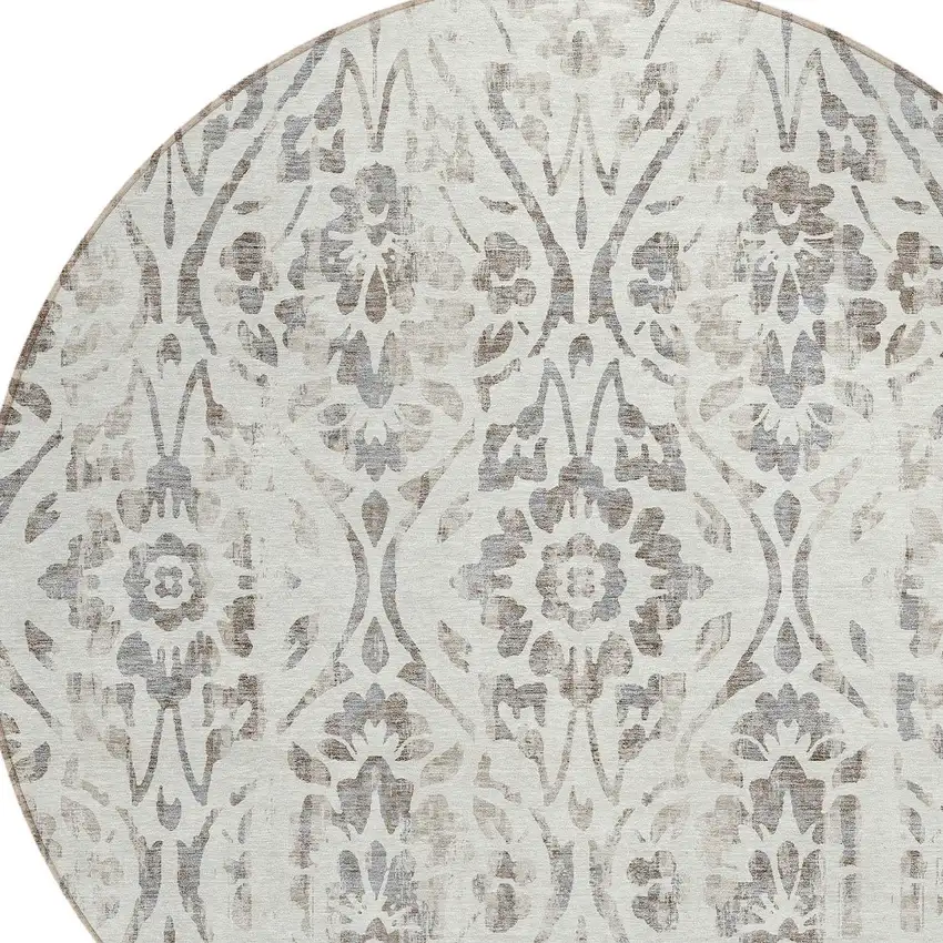 8' Ivory And Brown Round Floral Washable Indoor Outdoor Area Rug Photo 4