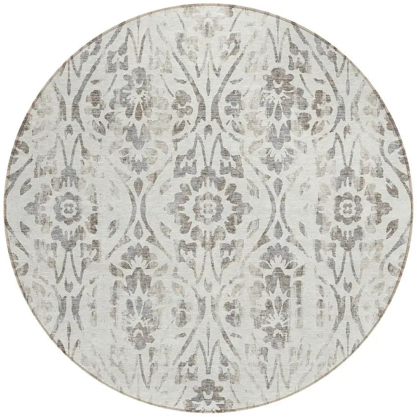 8' Ivory And Brown Round Floral Washable Indoor Outdoor Area Rug Photo 5