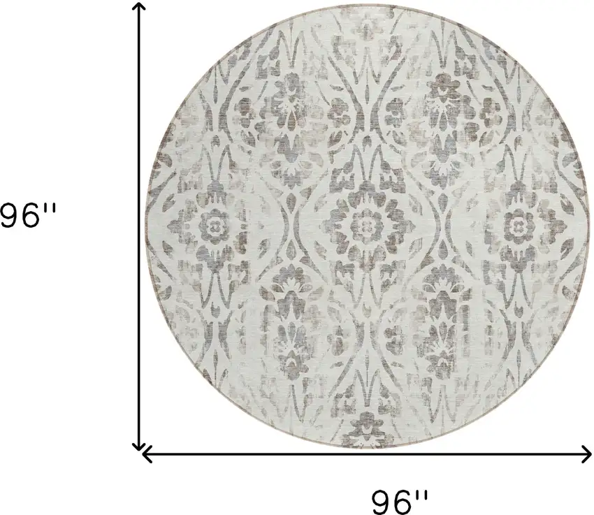 8' Ivory And Brown Round Floral Washable Indoor Outdoor Area Rug Photo 3
