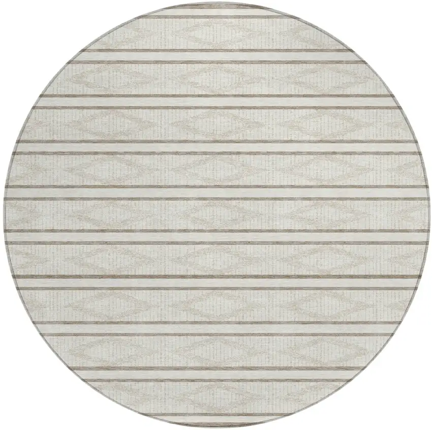 8' Ivory And Brown Round Geometric Washable Indoor Outdoor Area Rug Photo 2