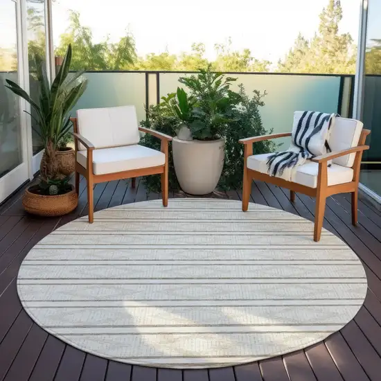 8' Ivory And Brown Round Geometric Washable Indoor Outdoor Area Rug Photo 5