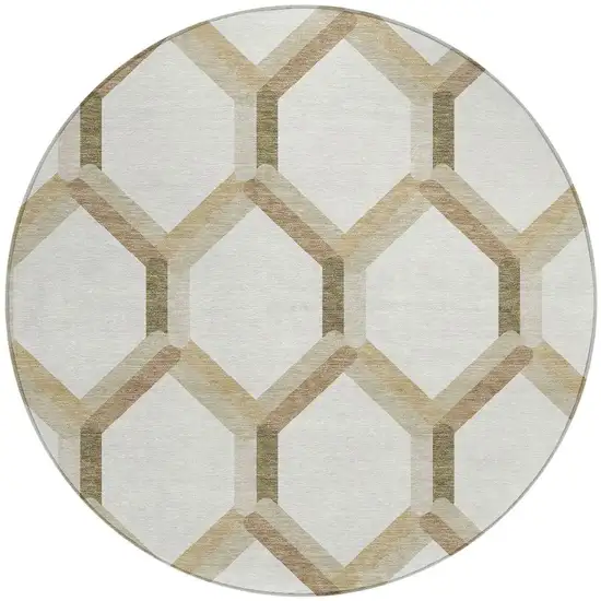 8' Ivory And Brown Round Geometric Washable Indoor Outdoor Area Rug Photo 4