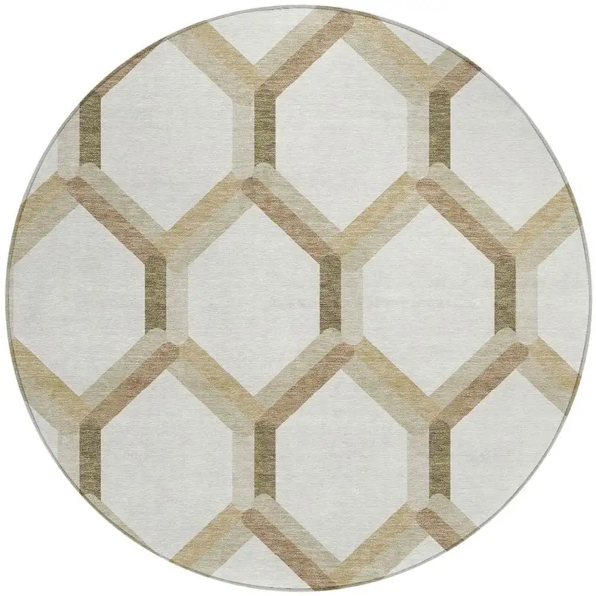 8' Ivory And Brown Round Geometric Washable Indoor Outdoor Area Rug Photo 4
