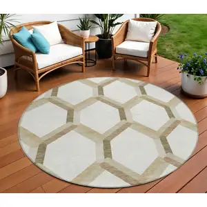 Photo of 8' Ivory And Brown Round Geometric Washable Indoor Outdoor Area Rug