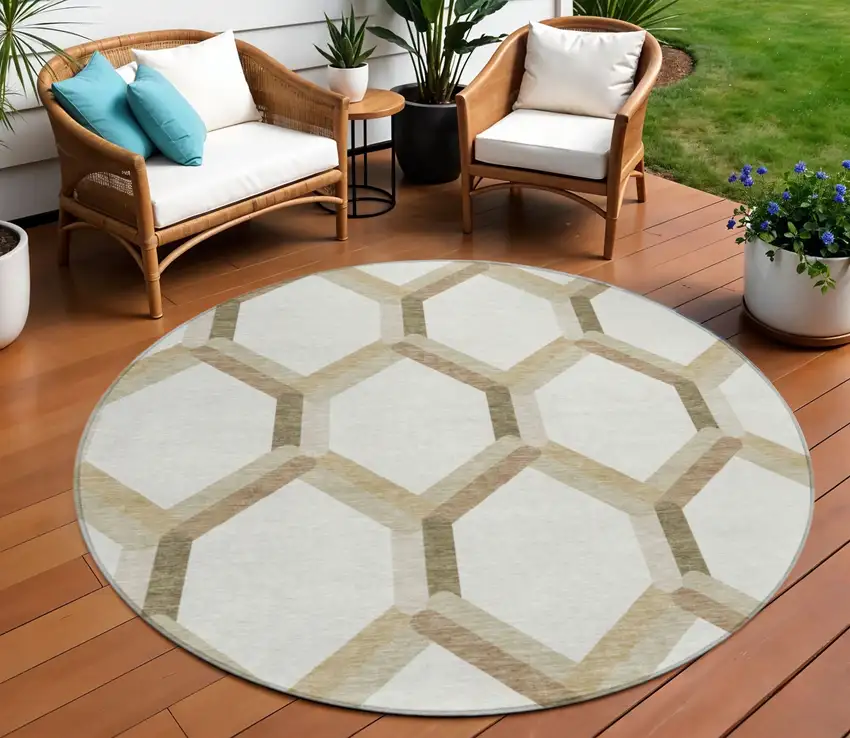 8' Ivory And Brown Round Geometric Washable Indoor Outdoor Area Rug Photo 1