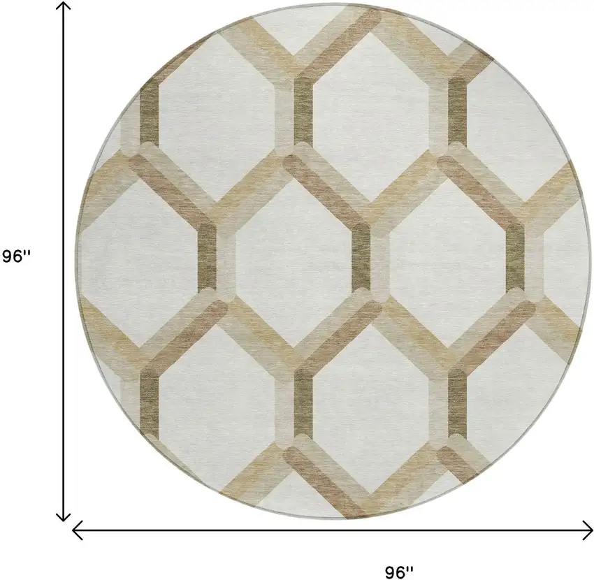 8' Ivory And Brown Round Geometric Washable Indoor Outdoor Area Rug Photo 3